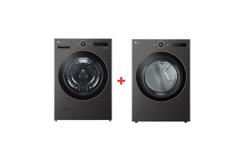 Vista frontal de Combo LG Lavadora 25kg AIDD TurboWash Steam & Secadora 22kg ThinQ – Color Negro WM25BFXS.DF22BFX